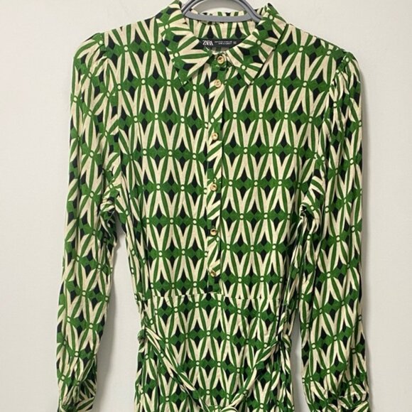 Zara Geometric Print Belted Midi Dress Green/Black/White Size M — 100% Viscose - Picture 5 of 9
